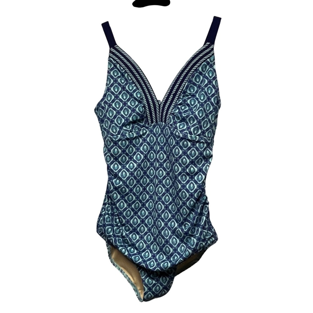 Cabana Life x Talbots Blue Geometric One Piece Swimsuit UPF 50+ NWT S